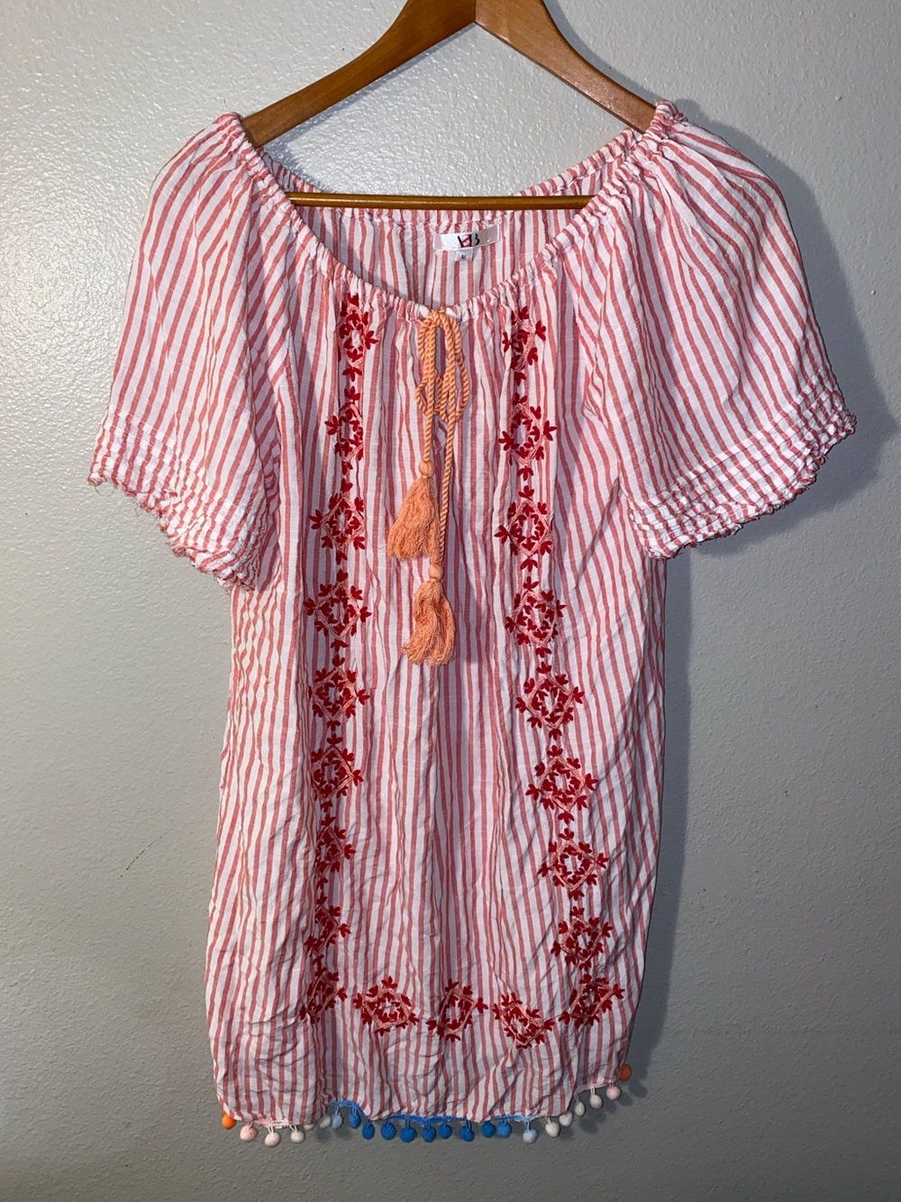 America & Beyond Pink Striped Embroidered Boho Peasant Blouse - Medium